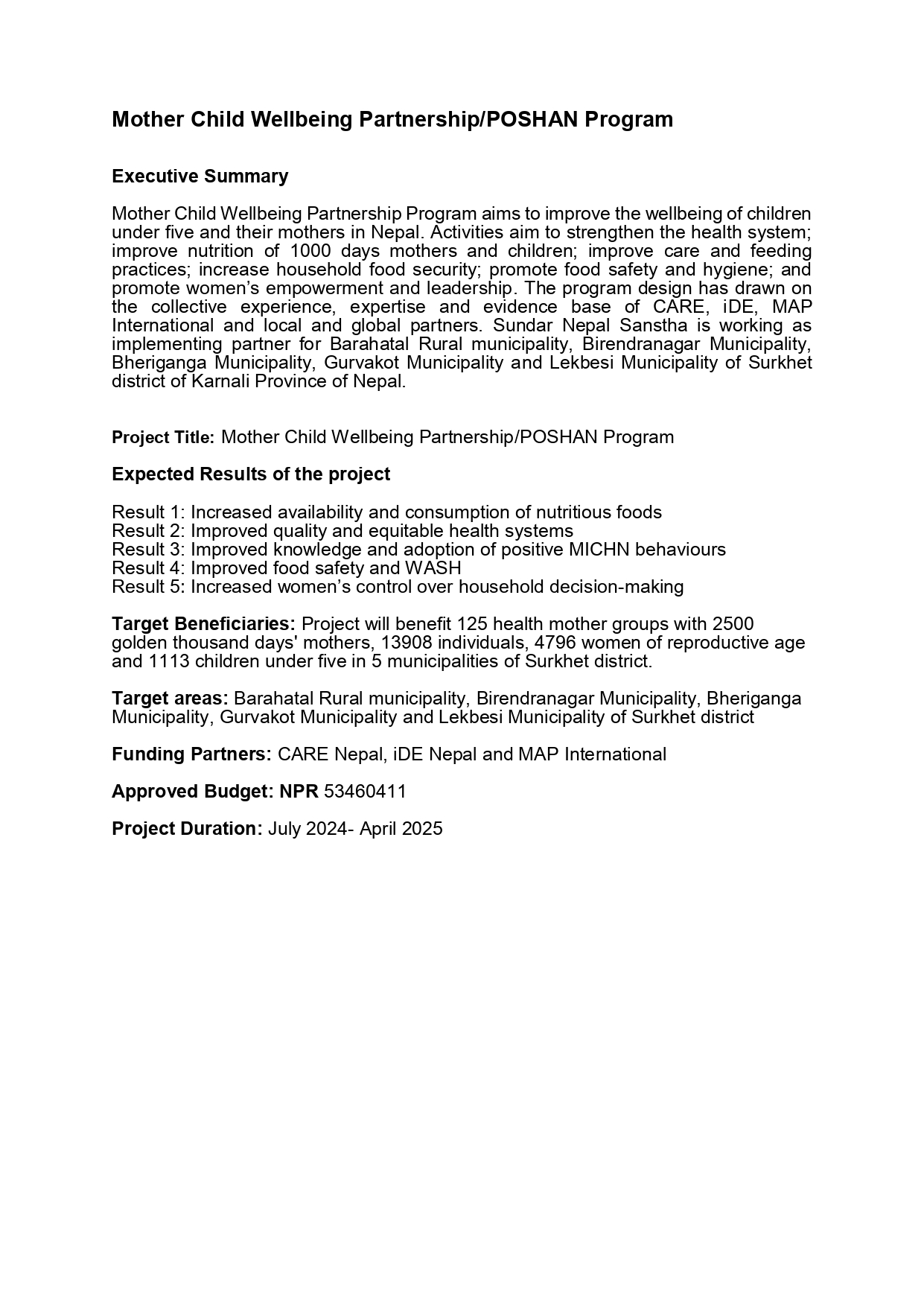 Mother Child Wellbeing Partnership/POSHAN Program